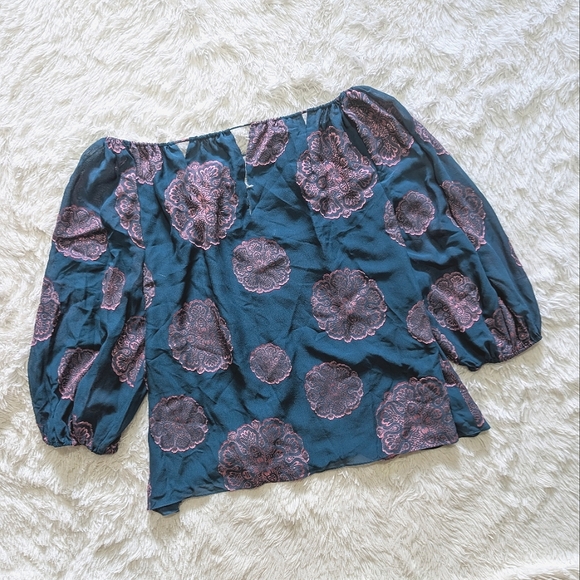 Trina Turk Teal & Pink Saloni Silk Puff Sleeve Top - Picture 8 of 12